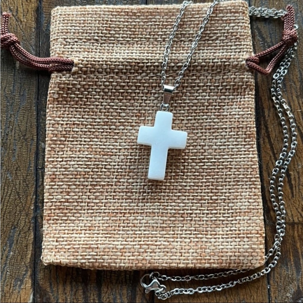 White Jade Necklace Crystal Cross Necklace Boho Jewelry Hippie Necklace